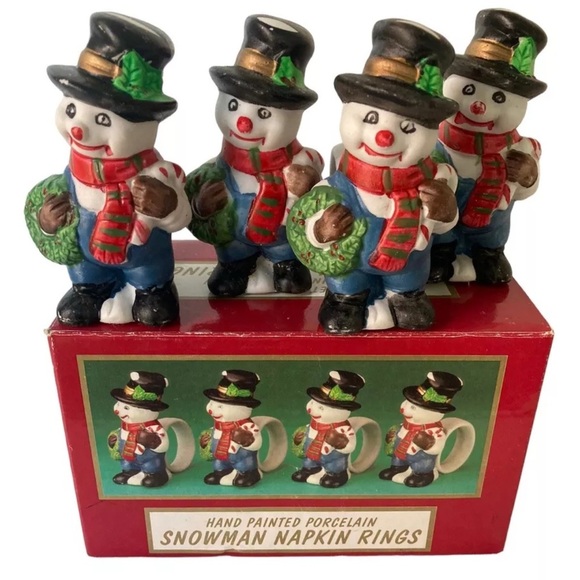 Set of 4 Hand Painted Porcelain Snowman Napkin Rings World Bazaars Box Christmas - Picture 1 of 7